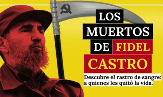 Portada de video Los muertos de Fidel Castro. Guadaña de la muerte con una hoz y un martillo.