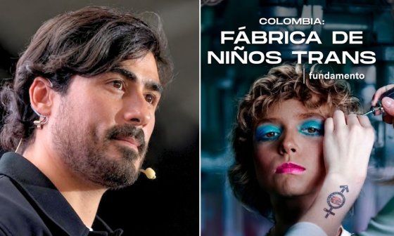 Samuel Adrián y el cartel de su documental "Colombia: Fábrica de niños trans".