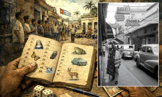 Imagen inspirada en el juego de la bolita y la charada cubana. Montaje con foto real de billetero de lotería en La Habana de los años 1950