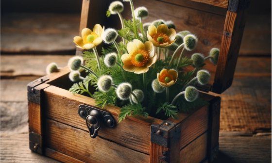 Caja de regalo abierta de donde salen flores silvestres amarillas