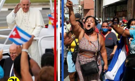 Papa Francisco en su visita a Cuba (2015) y mujeres cubanas protestando en la isla (julio de 2021).
