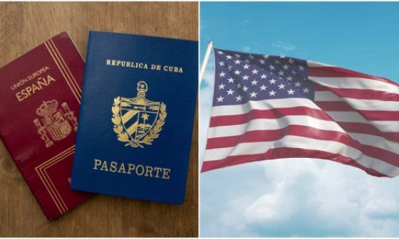 Pasaportes de Cuba y de España y bandera de los Estados Unidos