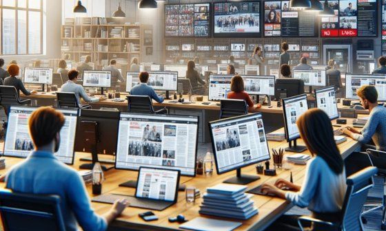 Redacción de periodismo digital. Oficina con computadoras y muchos periodistas