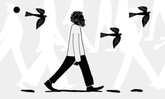 caricatura de un hombre negro caminando junto a tres aves que vuelan