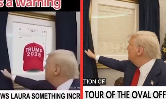 Comparación entre el video manipulado de Donald Trump mostrando una gorra con el texto "Trump 2028" en la Casa Blanca y el video original (marzo de 2025). 