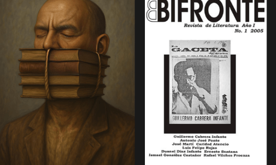 Imagen metafórica inspirada en los temas de censura y resistencia literaria, acompañada de la portada de la primera edición de le revista Bifronte