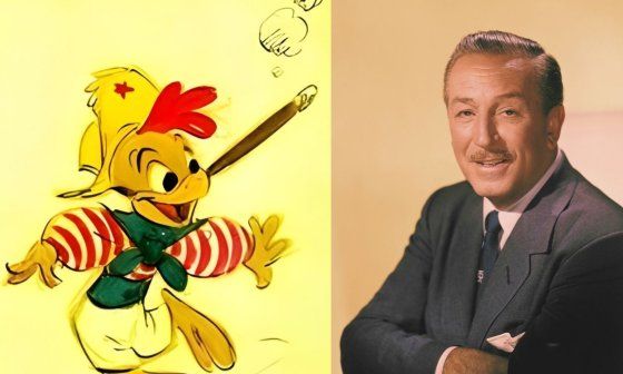 El animador y productor estaodunidense Walt Disney y boceto para su película sobre Cuba