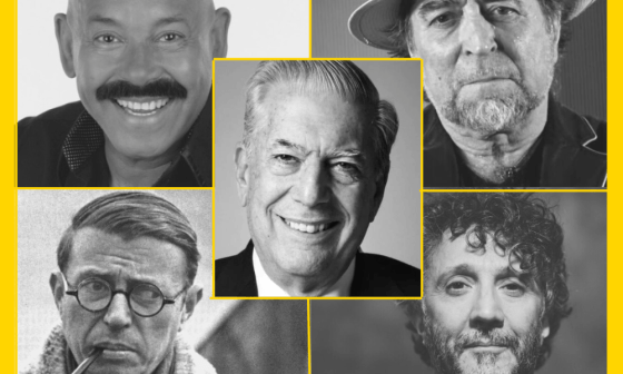 Collage de retratos de cinco artistas e intelectuales.