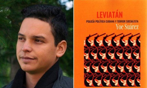 El periodista y escritor Yoe Suárez, junto a la portada de su libro "Leviatán. Policía política cubana y terror socialista"