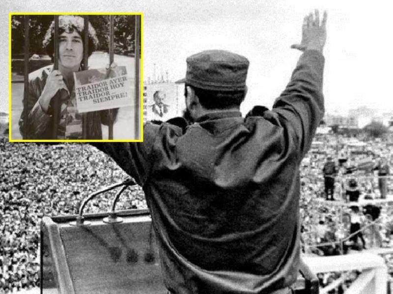 El escritor Reinaldo Arenas, y Fidel Castro frente a la multitud y un cuadro de Lenin en La Habana