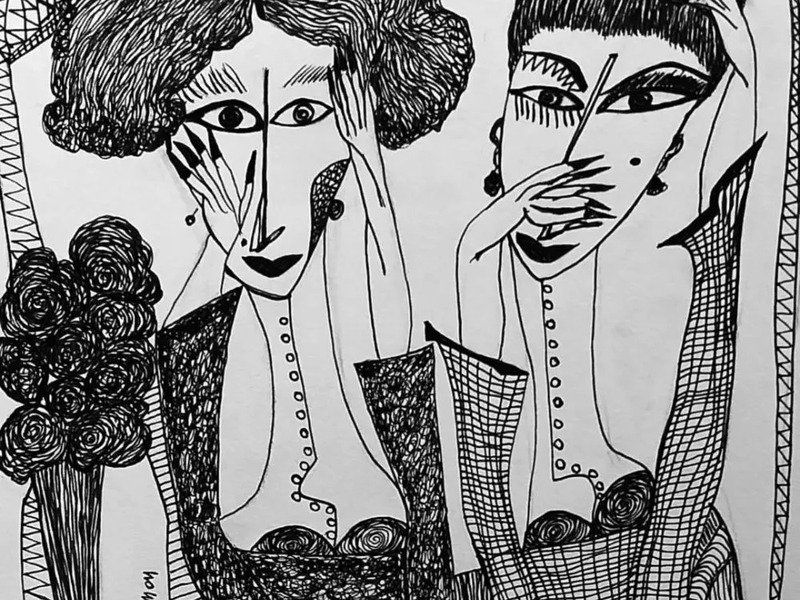 Representación de dos figuras femeninas llevándose las manos a la cara. 