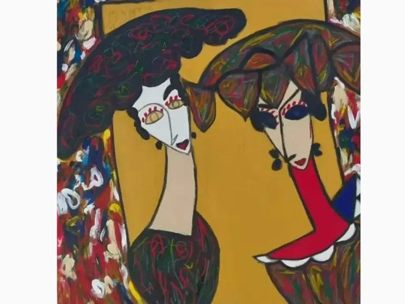 Representación de dos figuras femeninas con sombreros.