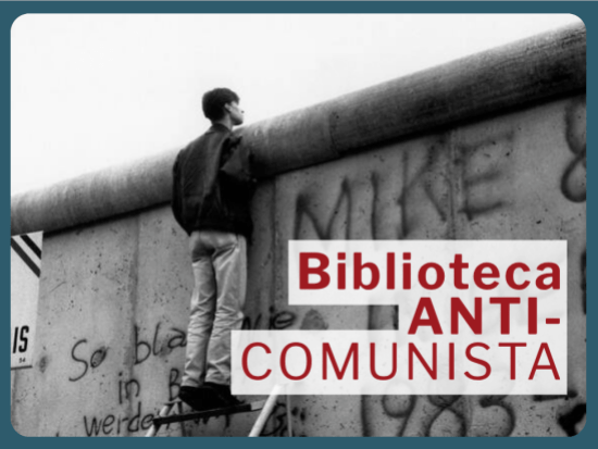 Portada de la "Biblioteca Anticomunista". Flores salen de una grieta en un muro.