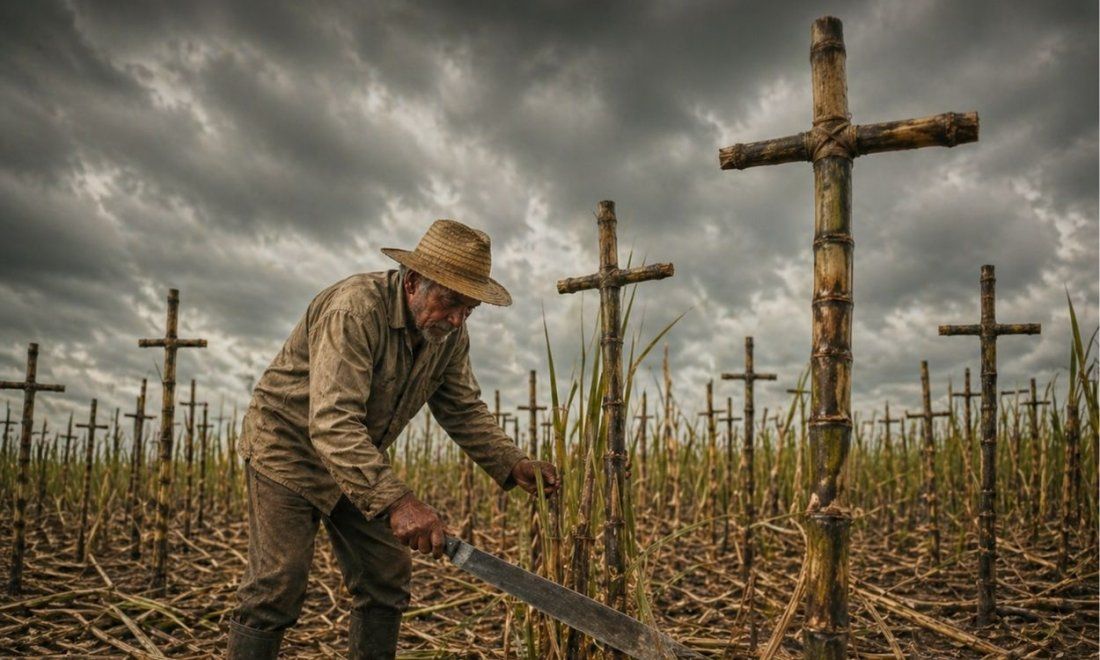 Imagen simbólica de un campesino cubano cortando caña hasta la muerte.