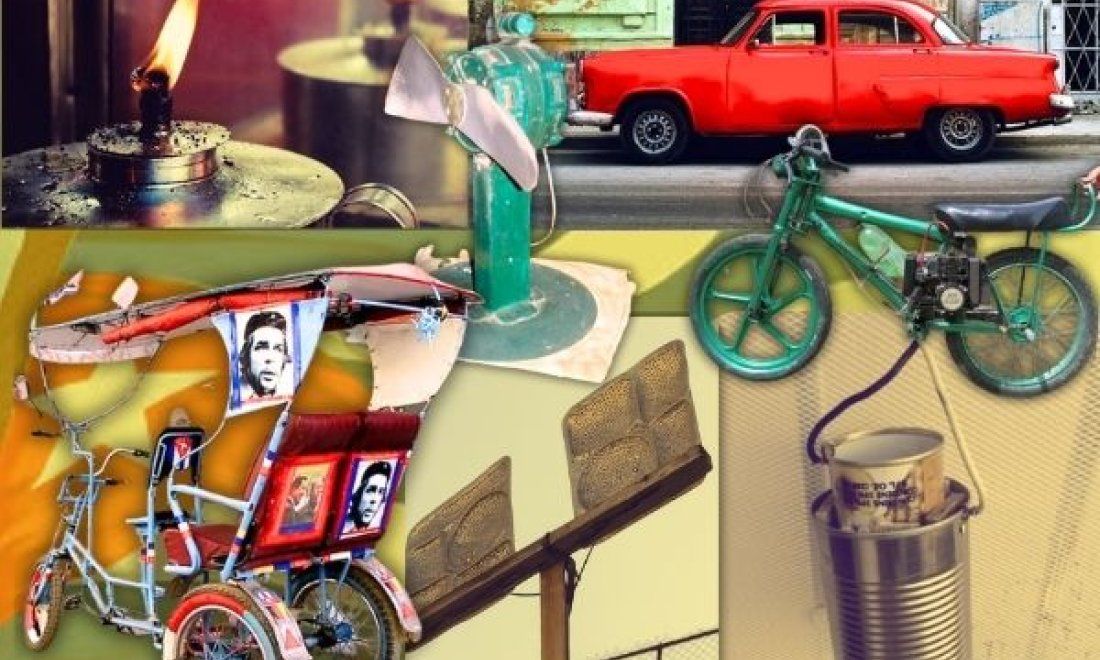 Collage de inventos populares cubanos: una lámpara casera o chismosa, un auto clásico almendrón, un ventilador hecho con piezas recicladas, una bicicleta motorizada conocida como rikimbili, un bicitaxi, una antena improvisada y una resistencia eléctrica casera en lata.
