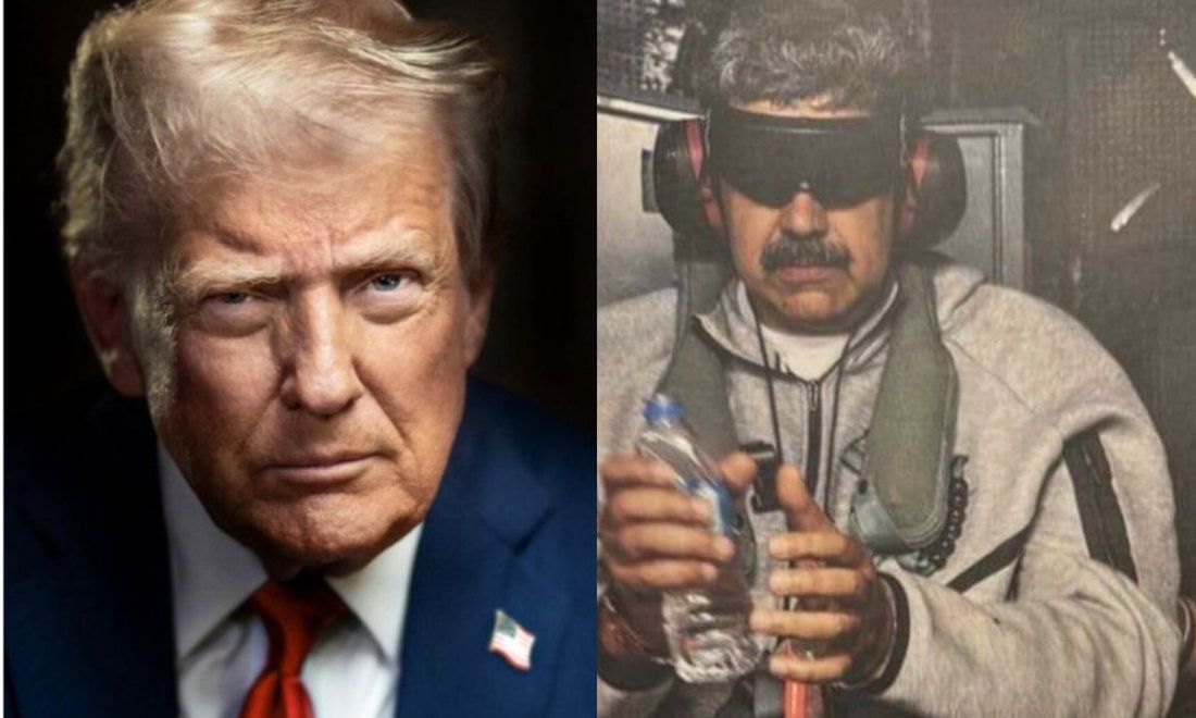 Donald Trump y foto de Nicolás Maduro capturado a bordo del buque USS "Iwo Jima" (2026).