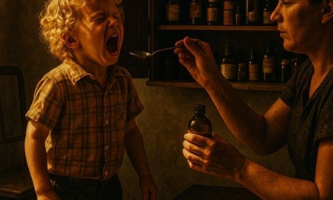 Imagen estilo pintura al óleo. Un niño rubio con tirabuzones dorados hace una rabieta mientras su madre intenta darle una cucharada de aceite de hígado de bacalao en una casa humilde cubana, con un botiquín de medicinas al fondo.