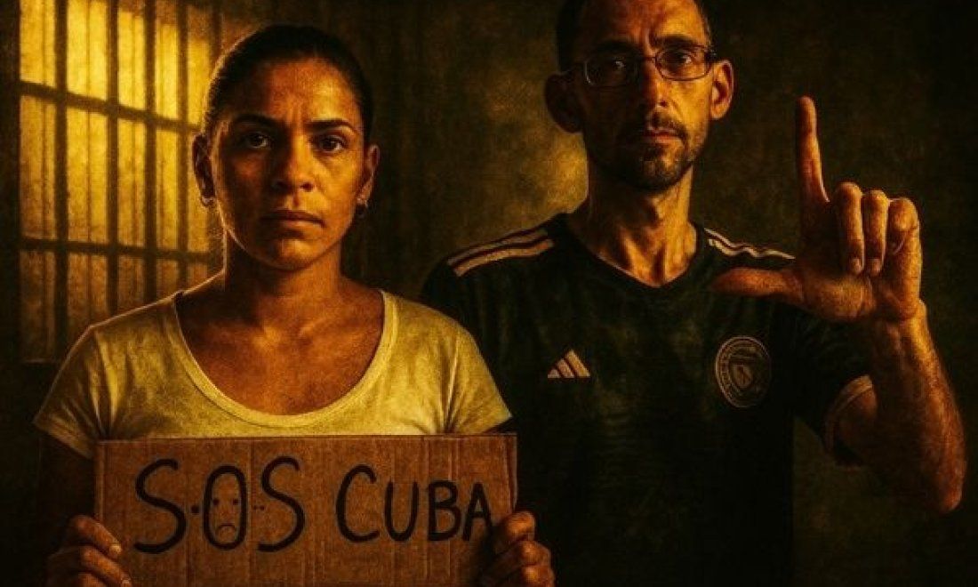 Prisioneros políticos cubanos Lizandra Góngora y Alexander Fábregas. Ella sostiene un cartel de cartón con el mensaje "SOS Cuba" y él levanta la mano formando una "L" de libertad, en un entorno carcelario.
