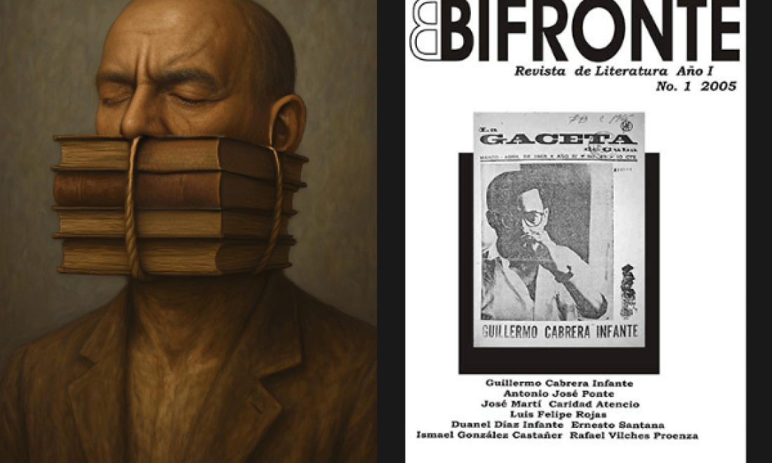 Imagen metafórica inspirada en los temas de censura y resistencia literaria, acompañada de la portada de la primera edición de le revista Bifronte