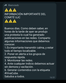 Mensaje de la UJC en grupo de Whatsapp en el que se convoca a los jóvenes a generar contenido revolucionario.